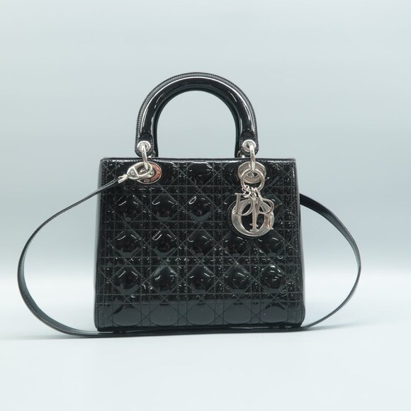 Dior Lady Dior Black Patent Leather Satchel - Picture 1 of 12